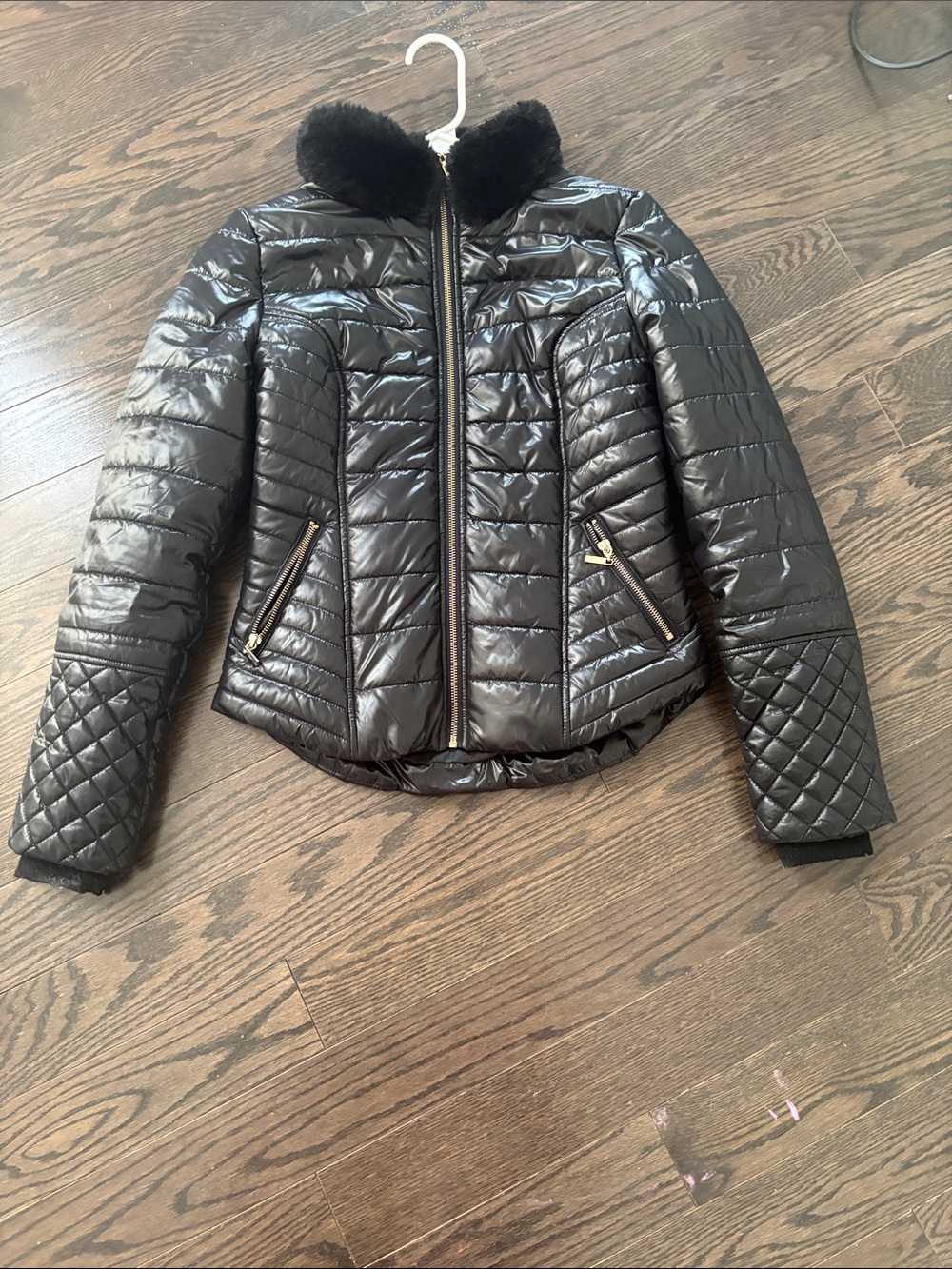 Guess Black Quilted Puffer Jacket with Faux Fur Collar